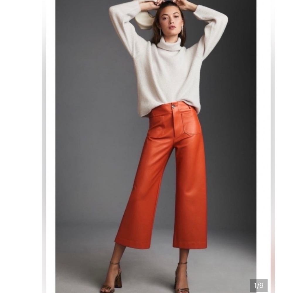 Maeve Anthropologie The Colette Faux Leather Wide Leg Pants Orange 32T Tall